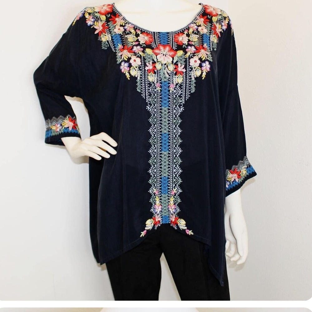 Johnny Was Navy Embroidered floral Blouse